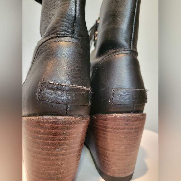 Sorel After Hours Black & Brown Lace Up Leather Wedge Wooden Heel Boots SZ 8.5 - Picture 8 of 13